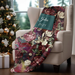 Elegantes rosa Blume rotes Muster Monogramm Fleecedecke