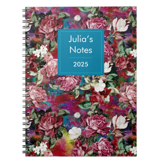 Elegantes rosa Blume rotes Muster Monogramm Notizblock (Vorderseite)