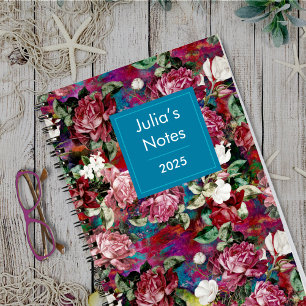 Elegantes rosa Blume rotes Muster Monogramm Notizblock