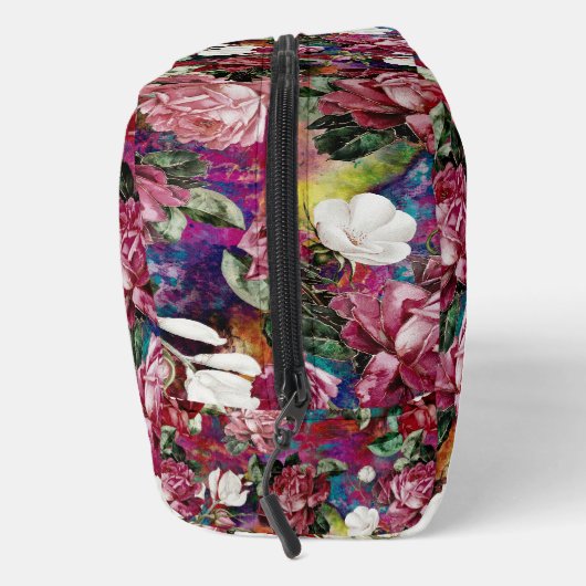 Elegantes rosa Blume rotes Muster Monogramm Waschbeutel (Rechts)