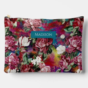 Elegantes rosa Blume rotes Muster Monogramm Zubehörtasche