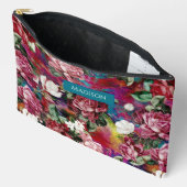 Elegantes rosa Blume rotes Muster Monogramm Zubehörtasche (Offen)