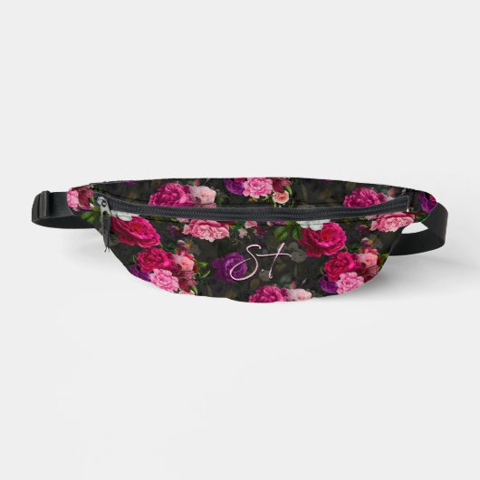 Elegantes rosa Blume schwarzes Monogramm Bauchtasche (Vorderseite)