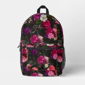 Elegantes rosa Blume schwarzes Monogramm Bedruckter Rucksack (Vorderseite)