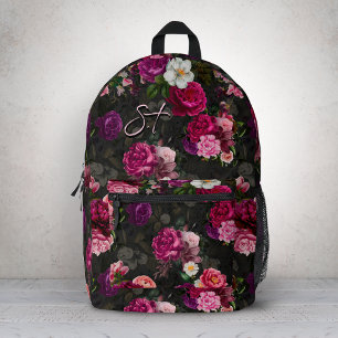 Elegantes rosa Blume schwarzes Monogramm Bedruckter Rucksack