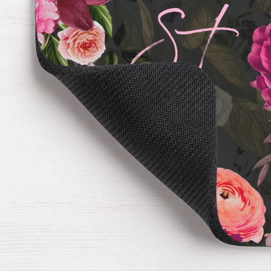 Elegantes rosa Blume schwarzes Monogramm Mousepad (Ecke)