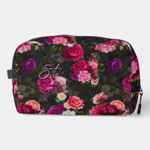 Elegantes rosa Blume schwarzes Monogramm-Zubehör Waschbeutel
