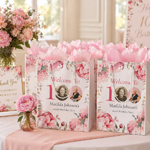 Elegantes rosa Blumen-Foto 100. Geburtstag Mittlere Geschenktüte