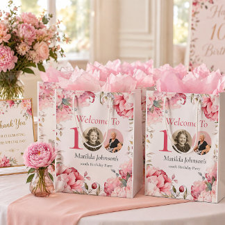 Elegantes rosa Blumen-Foto 100. Geburtstag Mittlere Geschenktüte