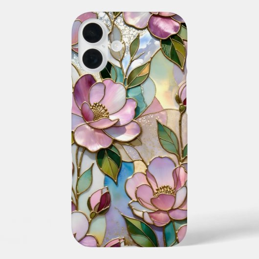 Elegantes rosa Blumen iPhone Case Buntglas (Rückseite)