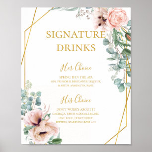 Elegantes Rosa-Blumen   Signature-Drinks-Schild Poster