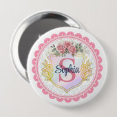 Elegantes rosa Blumen-Spitze-Monogramm Mädchen ang Button (Vorne & Hinten)