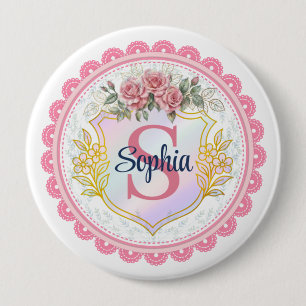 Elegantes rosa Blumen-Spitze-Monogramm Mädchen ang Button