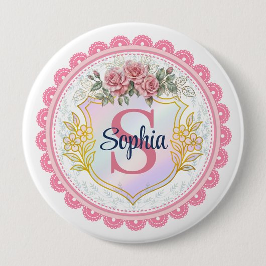 Elegantes rosa Blumen-Spitze-Monogramm Mädchen ang Button (Vorderseite)