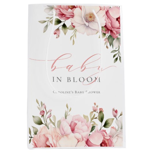 Elegantes rosa Blumenbaby in Bloom Girl Baby Showe Mittlere Geschenktüte (Vorderseite)