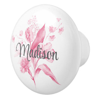 Elegantes rosa Blumenbouquet graue Schrift Namens Keramikknauf
