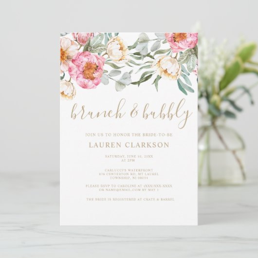 Elegantes Rosa Blumenbrunch Brautparty Einladung (Stehend Vorderseite)