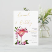 Elegantes rosa Blumenbrunch & Bubbly Brautparty Einladung (Stehend Vorderseite)