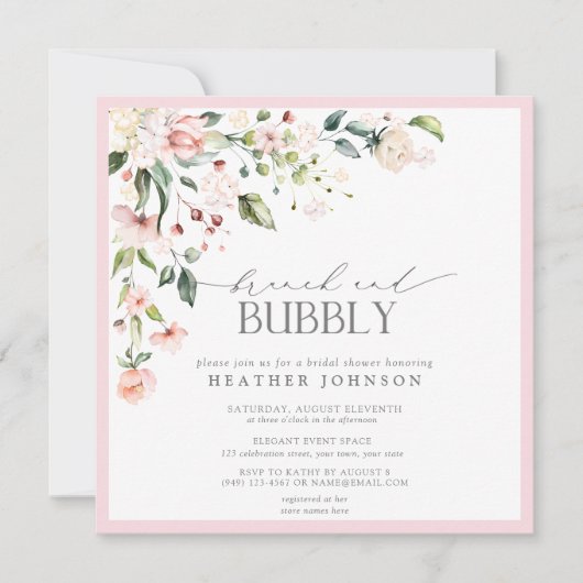 Elegantes rosa Blumenbrunch & Bubbly Brautparty Einladung (Vorderseite)