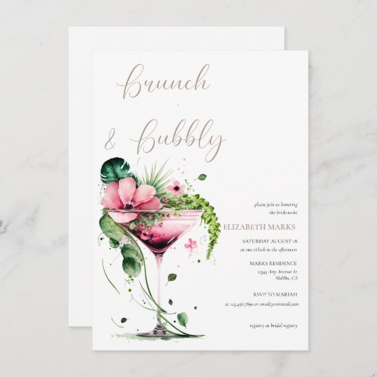 Elegantes rosa Blumenbrunch & Bubbly Brautparty Einladung (Vorne/Hinten)