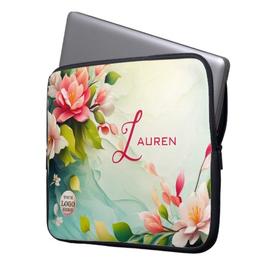 Elegantes rosa Blumendesign Laptopschutzhülle (Vorderseite Links)