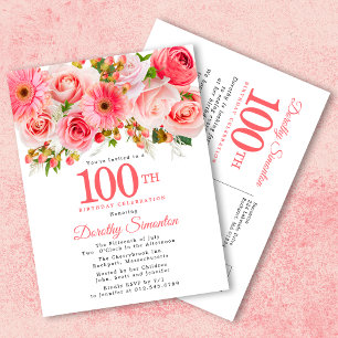 Elegantes rosa Blumendesign zum 100. Geburtstag Einladungspostkarte