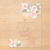 Elegantes rosa Blumengoldkreuz Christening Taufe Acryleinladungen (Vorderseite)