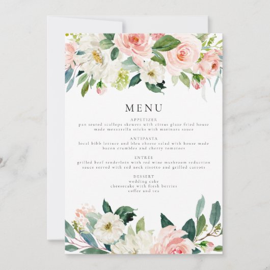 Elegantes Rosa Blumengrün Abendmenü Einladung (Vorderseite)