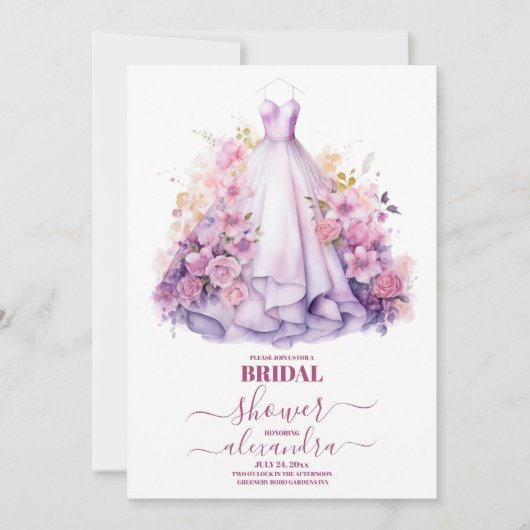 Elegantes Rosa Blumenkleid Brautparty Einladung (Vorderseite)