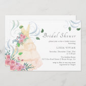 Elegantes Rosa Blumenkleid Brautparty Einladung (Vorne/Hinten)