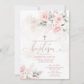Elegantes rosa Blumenkreuz Christening Taufe Einladung (Vorderseite)