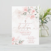 Elegantes rosa Blumenkreuz Christening Taufe Einladung (Stehend Vorderseite)