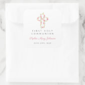 Elegantes Rosa Blumenkreuz Erste Kommune Quadratischer Aufkleber (Tasche)