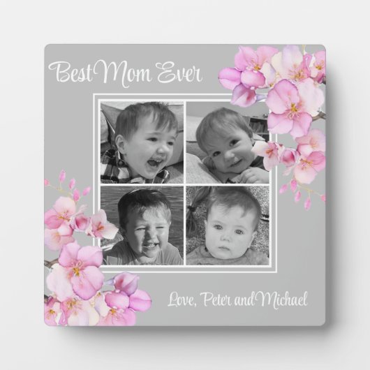 Elegantes rosa Blumenmuster personalisiert vier Fo Fotoplatte (Vorderseite)