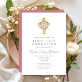 Elegantes Rosa Blumenreath Cross Erste Kommune Einladung