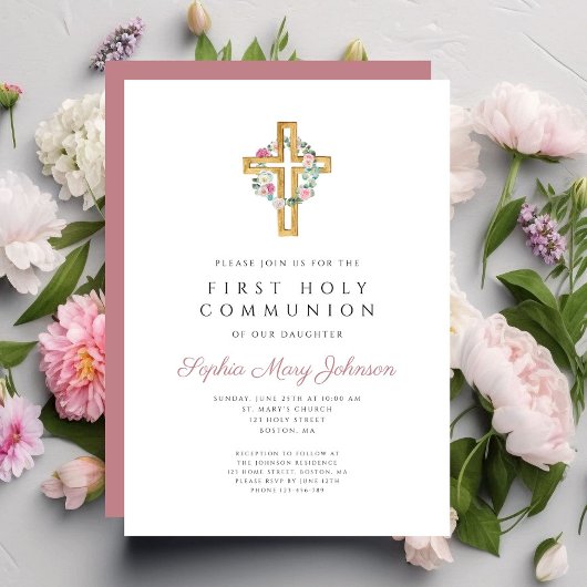 Elegantes Rosa Blumenreath Cross Erste Kommune Einladung