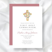 Elegantes Rosa Blumenreath Cross Erste Kommune Einladung