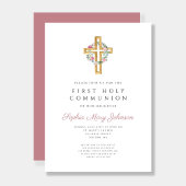 Elegantes Rosa Blumenreath Cross Erste Kommune Einladung