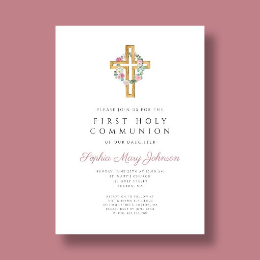 Elegantes Rosa Blumenreath Cross Erste Kommune Einladung