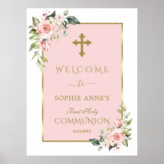 Elegantes rosa Blumenstrauß Heilige Kommunion Begr Poster (Vorne)