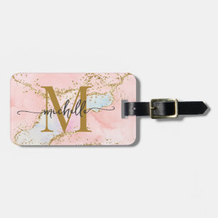 Elegantes Rosa Blush-Achat-Monogramm Initialschrif Gepäckanhänger
