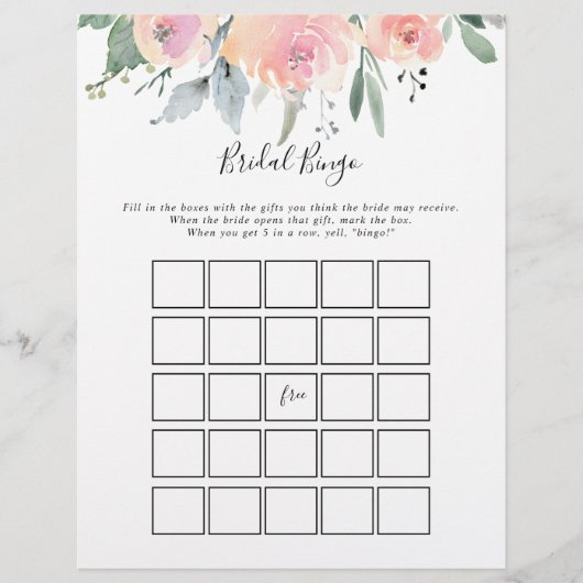 Elegantes Rosa Blush Bloral Bridal Bingo Spiel (Vorderseite)