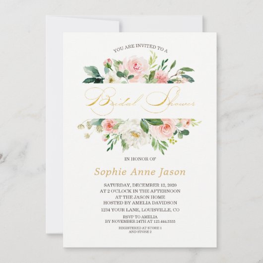 Elegantes Rosa Blush Bloral Frame Gold Brautparty Einladung (Vorderseite)