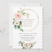 Elegantes rosa Blush Bloral Gold Cross Taufe Einladung (Vorderseite)