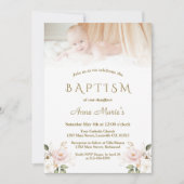 Elegantes Rosa Blush Bloral Gold Foto Taufe Girl Einladung (Vorderseite)