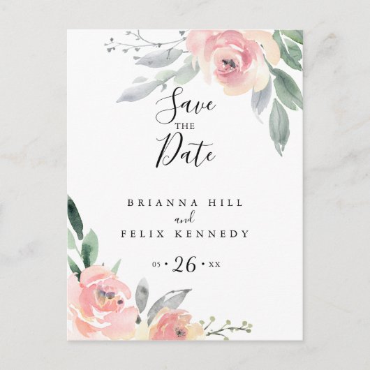 Elegantes Rosa Blush Bloral Save the Date Postkarte (Vorderseite)
