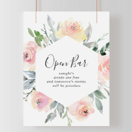 Elegantes Rosa Blush Bloral Wedding Open Bar Sign Poster