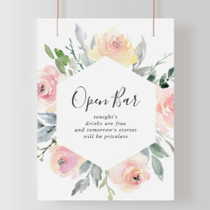 Elegantes Rosa Blush Bloral Wedding Open Bar Sign Poster