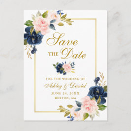Elegantes Rosa Blush Blue Floral Gold Save the Dat Ankündigungspostkarte