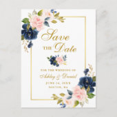Elegantes Rosa Blush Blue Floral Gold Save the Dat Ankündigungspostkarte (Vorderseite)